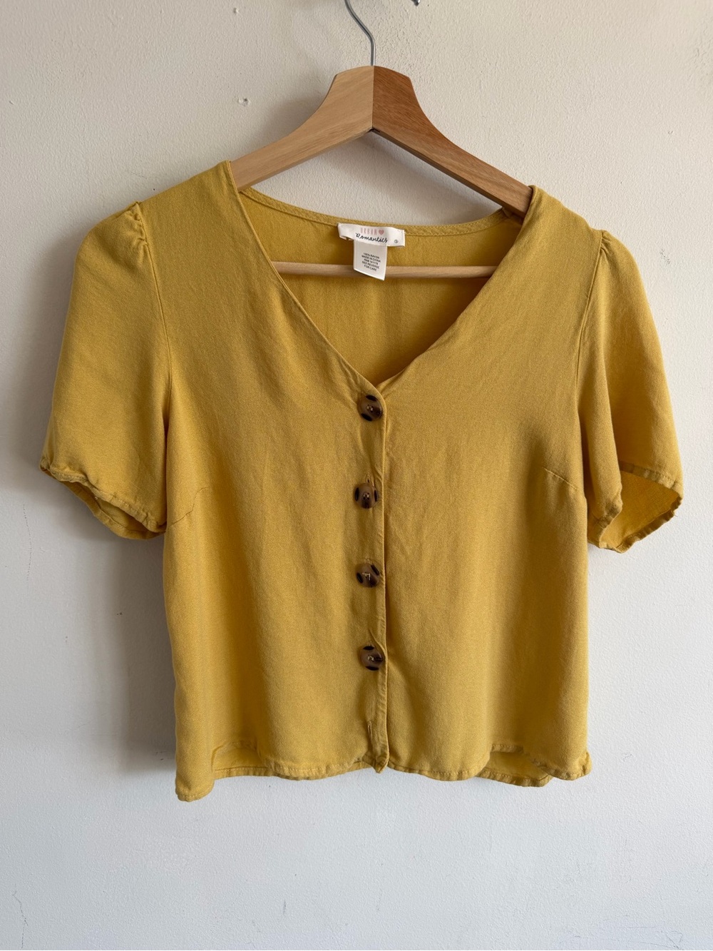 URBAN Romantics Mustard Yellow Button-Front V-Neck Short Sleeve Top